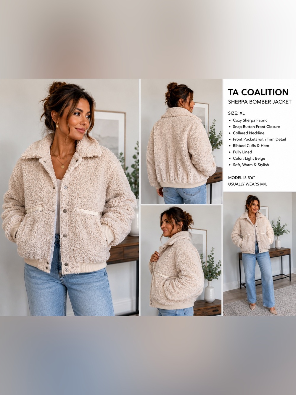 LA Coalition Plush Teddy Bomber Jacket in Cream/blush pink